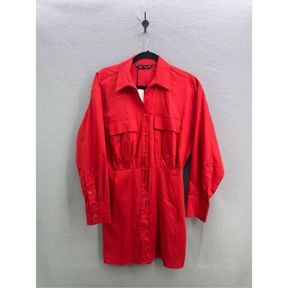 NWT Zara Womens Red Long Sleeve Front Pocket Button Shirt Dress Size Medium - Picture 2 of 10